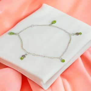 Dainty Silver Figaro Chain Ankle Bracelet Green Floral Charms Plus Size Beachy